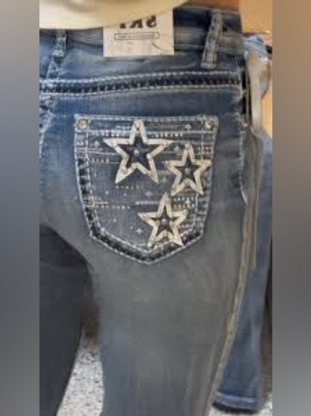 Western denim blue rhinestone stars straight leg mid rise stretch cowgirl chic